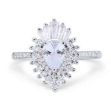 Pear Engagement Ring Baguette Simulated Cubic Zirconia 925 Sterling Silver